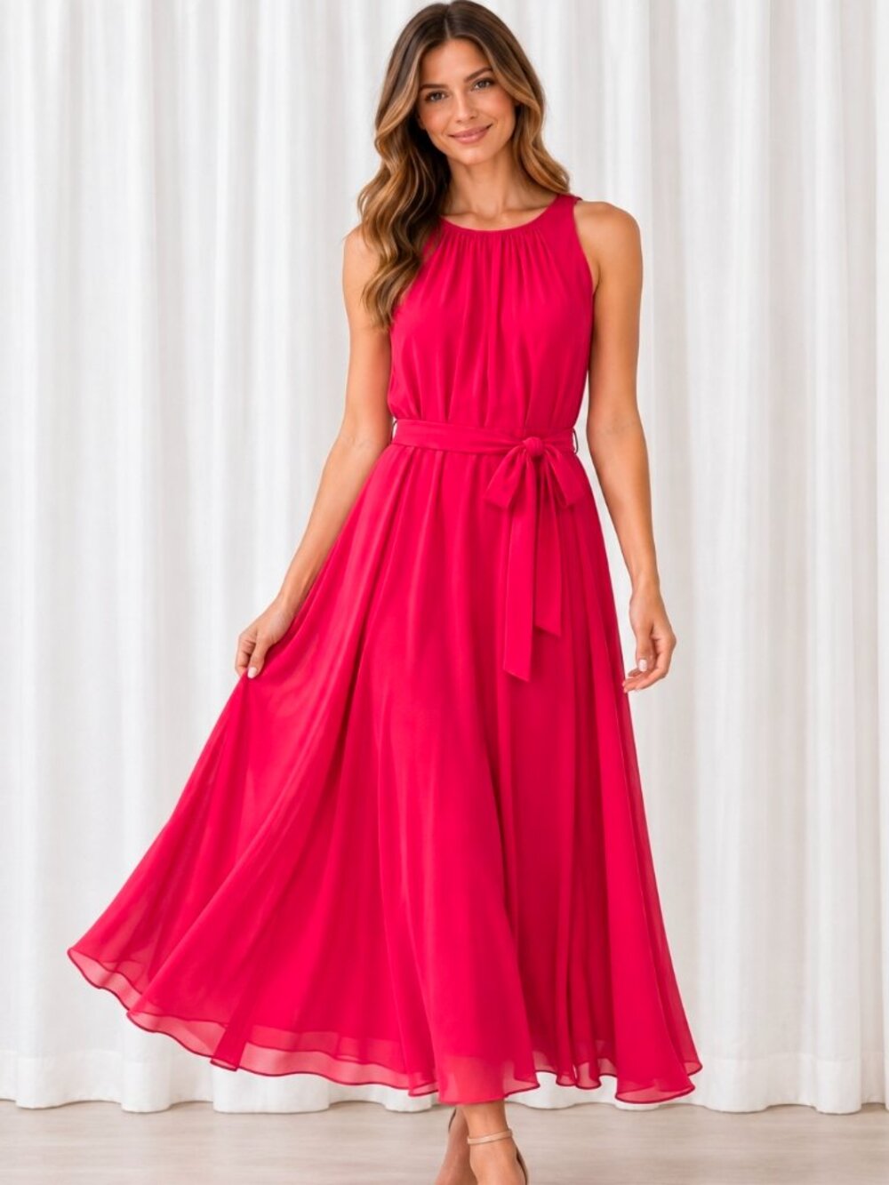 NWT Tahari Arthur S. Levine Raspberry Chiffon Belted Midi Dress Size 10